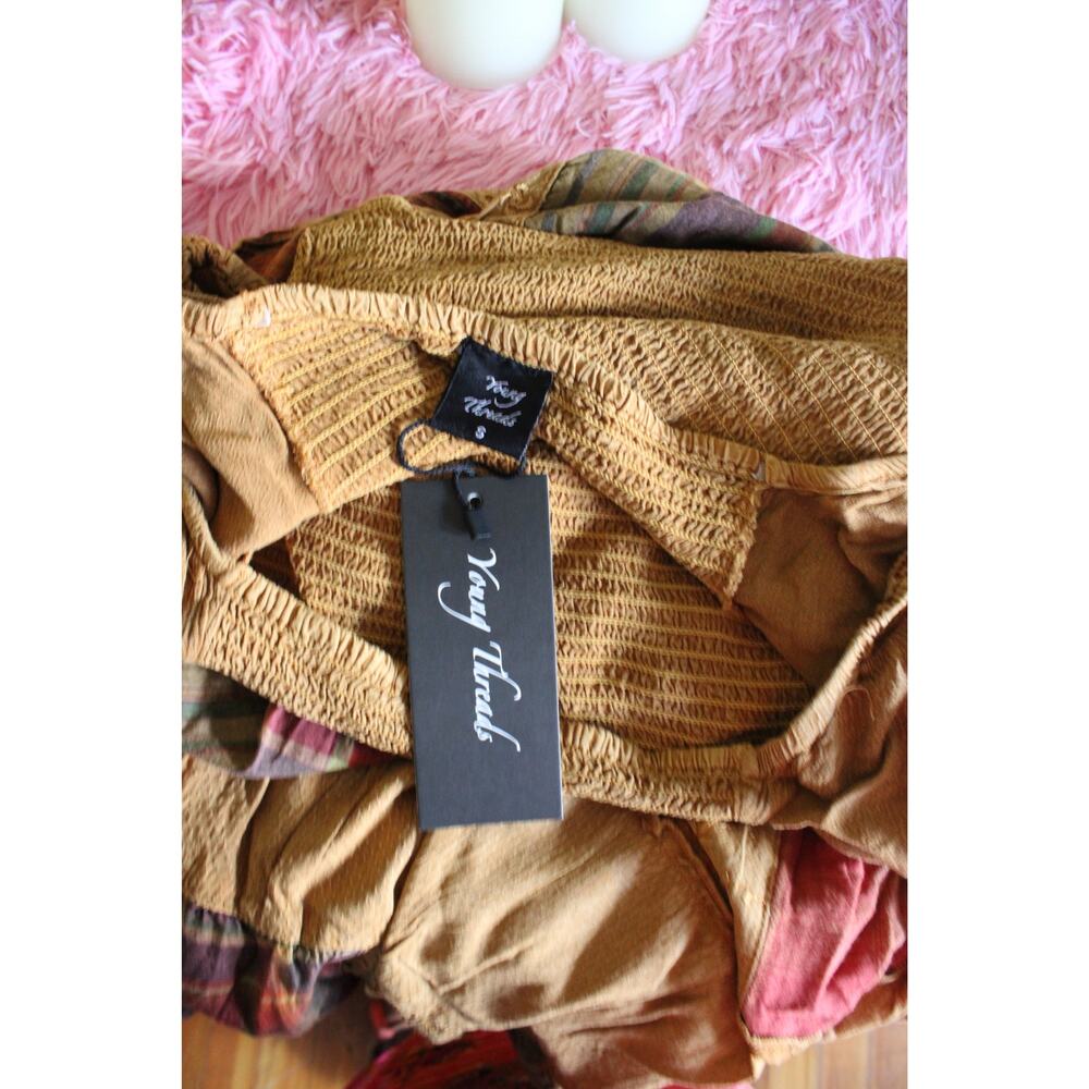 Young Threads Camel Patchwork Smocked Tiered Maxi Dress Size S NWT Boho - Picture 3 of 11